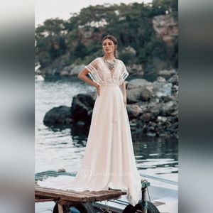Simple Chiffon V-neck Caped Empire White Boho Wedding Dress with Low-v Back